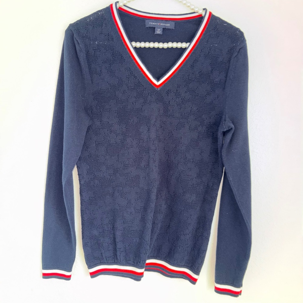 Tommy Hilfiger V-Neck Sweater Small Navy Blue Excellent Floral Pointelle Striped